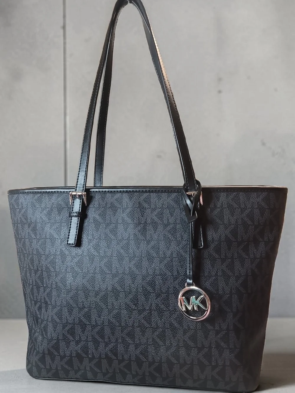 Michael Kors Jet Set Travel Top Zip Signature Monogram Tote, Black Like New
